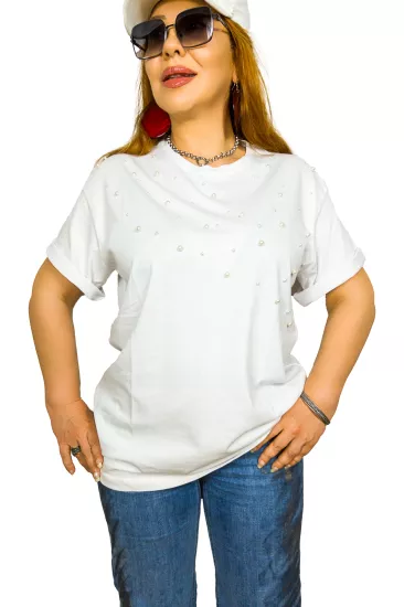 İnci Detaylı Zımbalı %100 Pamuk Beyaz Oversize Kadın T-Shirt