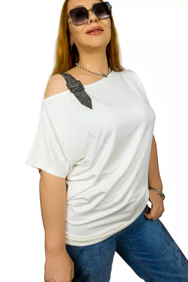 Omzu Taş Detaylı Tek Omuz Askılı Oversize Beyaz Kadın T-Shirt