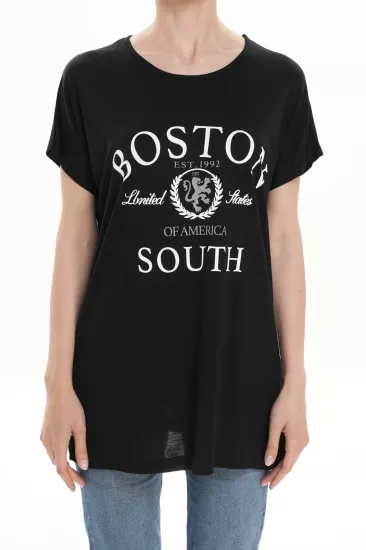 %100 Viskon Boston Baskı Detaylı Basic Siyah Kadın T-Shirt