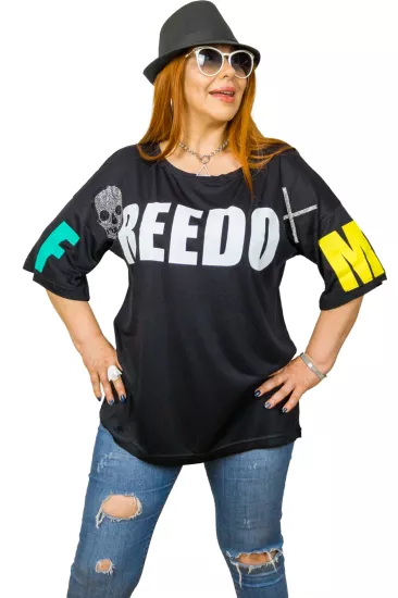 Pul ve Taş Detaylı Baskılı Freedom Oversize Siyah Kadın T-Shirt