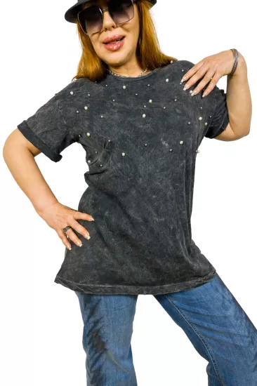 İnci Detaylı Zımbalı Yıkamalı Kumaş %100 Pamuk Gri Oversize Kadın T-Shirt