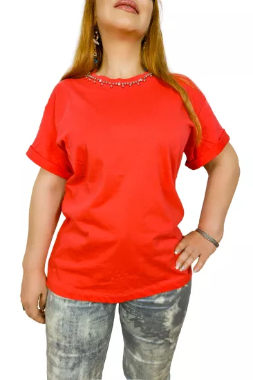 Taş Detaylı Zımbalı %100 Pamuk Kırmızı Oversize Basic Kadın T-Shirt