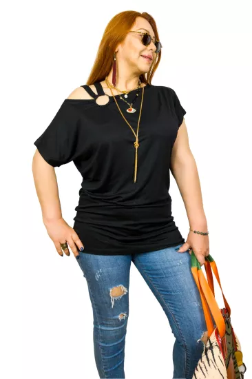 Omzu Toka Askı Detaylı Oversize Siyah Kadın T-Shirt