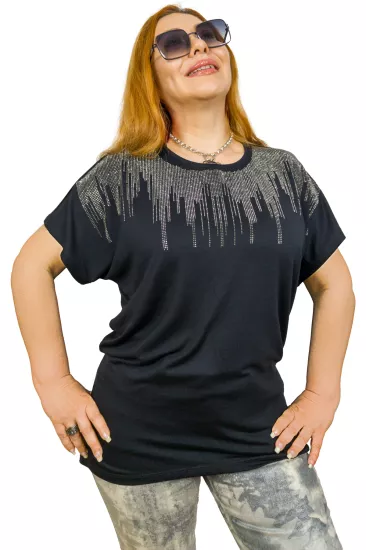 Parlak Taş Detaylı Oversize Siyah Kadın T-Shirt