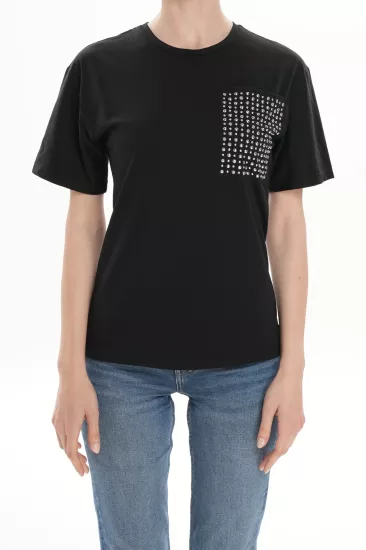 %100 Cotton Pamuk Cebi Zımba Detaylı Siyah Kadın T-Shirt