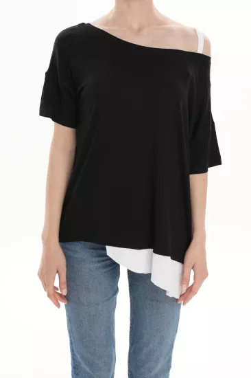 Tek Omuz Askılı Asimetrik Kesim Oversize Siyah Beyaz Kadın T-Shirt